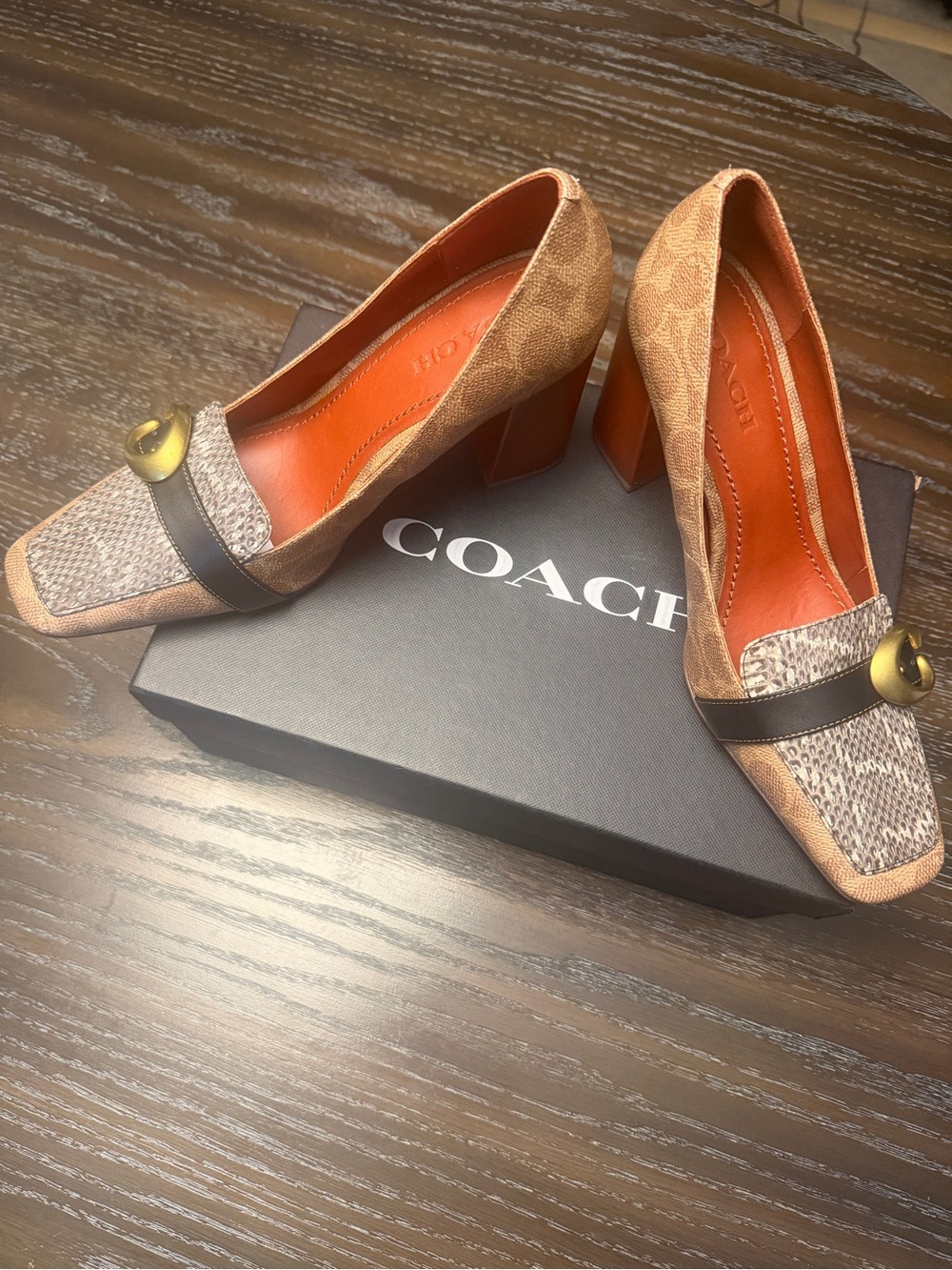 COACH Brown and Tan Block Heel Loafers with Gold Accent